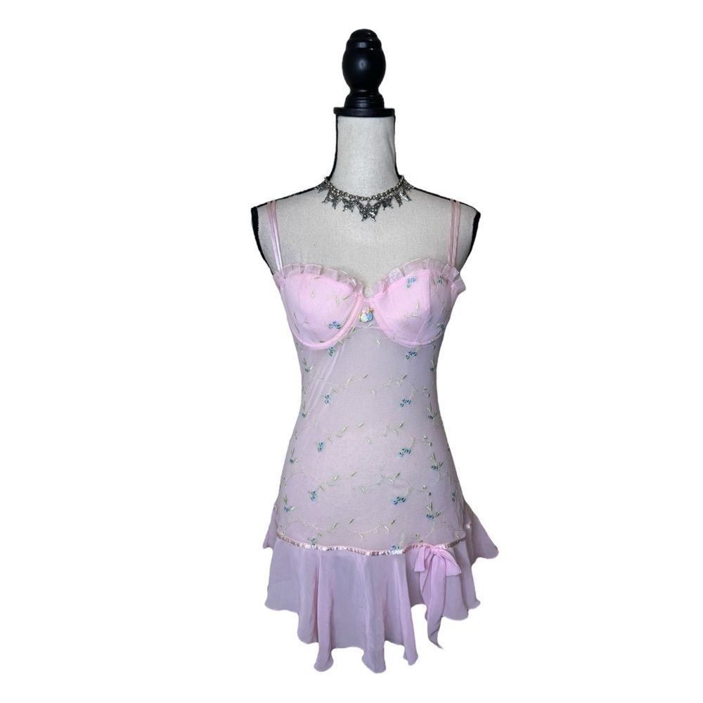 Y2K Light Pink Floral Embroidered Sheer Coquette Mini Slip Dress Size Small